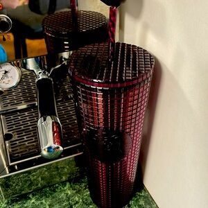 Starbucks Reddish burgundy 24 oz cold cup with original straw